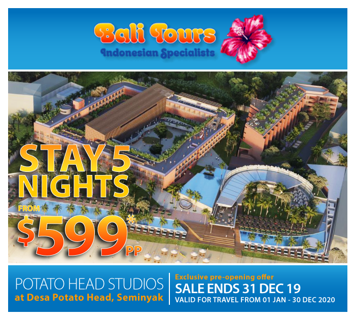 Stay 5 Nights, from $599*pp in Potato Head Studios, Seminyak. Sale ends 31 DEC 2019